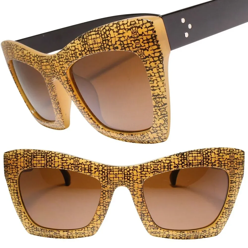 Womens Gold Glitter Cat Eye Sunglasses Oversized Brown Gradient Lens